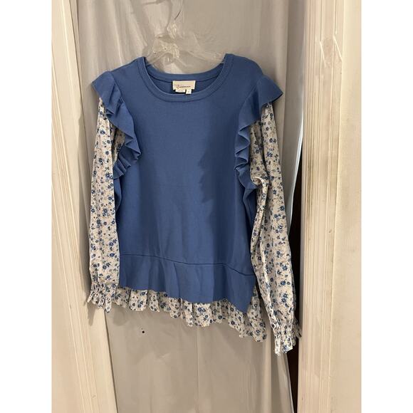 Anthropologie Blue Flutter Sleeve Layered Sweater Floral Contrast Sz 1x - Picture 2 of 10
